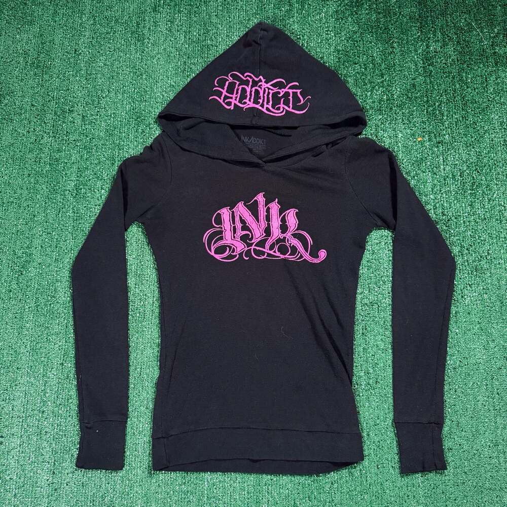 Y2K Womens Ink Addict Black Pullover Hoodie with Pink Gothic Logo Medium